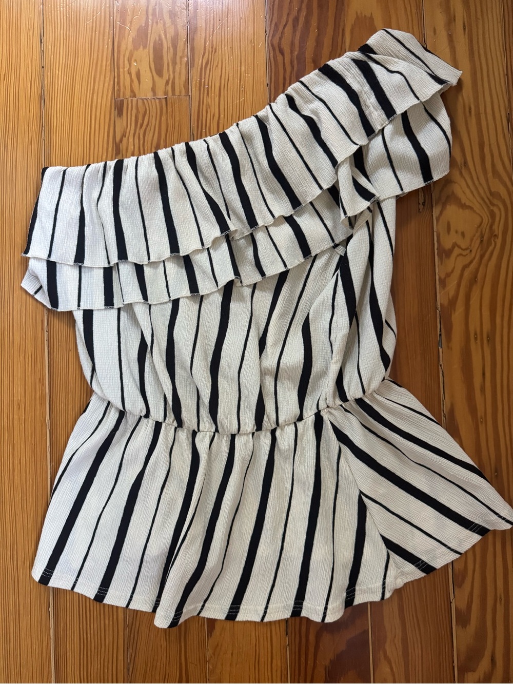 Anthropologie Maeve Striped One-Shoulder Ruffle Top - Black & Cream